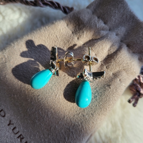 Vintage/Rare David Yurman Teardrop Turquoise & Diamond Stud Earrings SS & 18k ✨️ - Picture 4 of 9